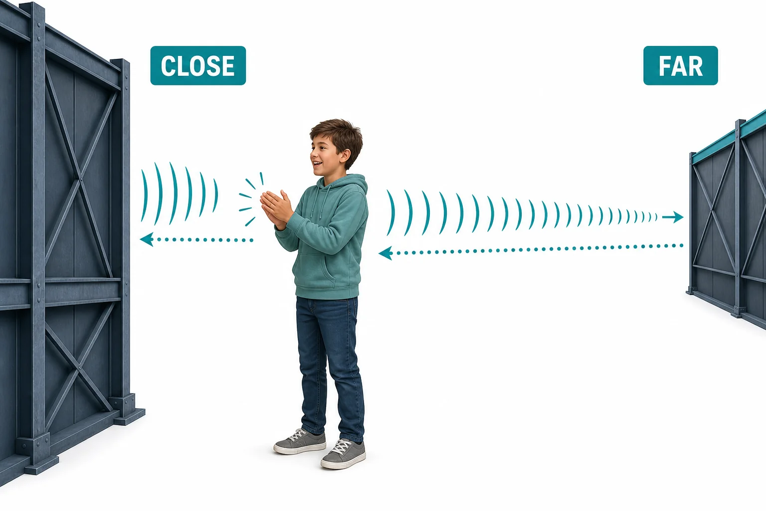 A child claps near a close wall and a far wall, showing that the far wall gives a longer path and a later echo.
