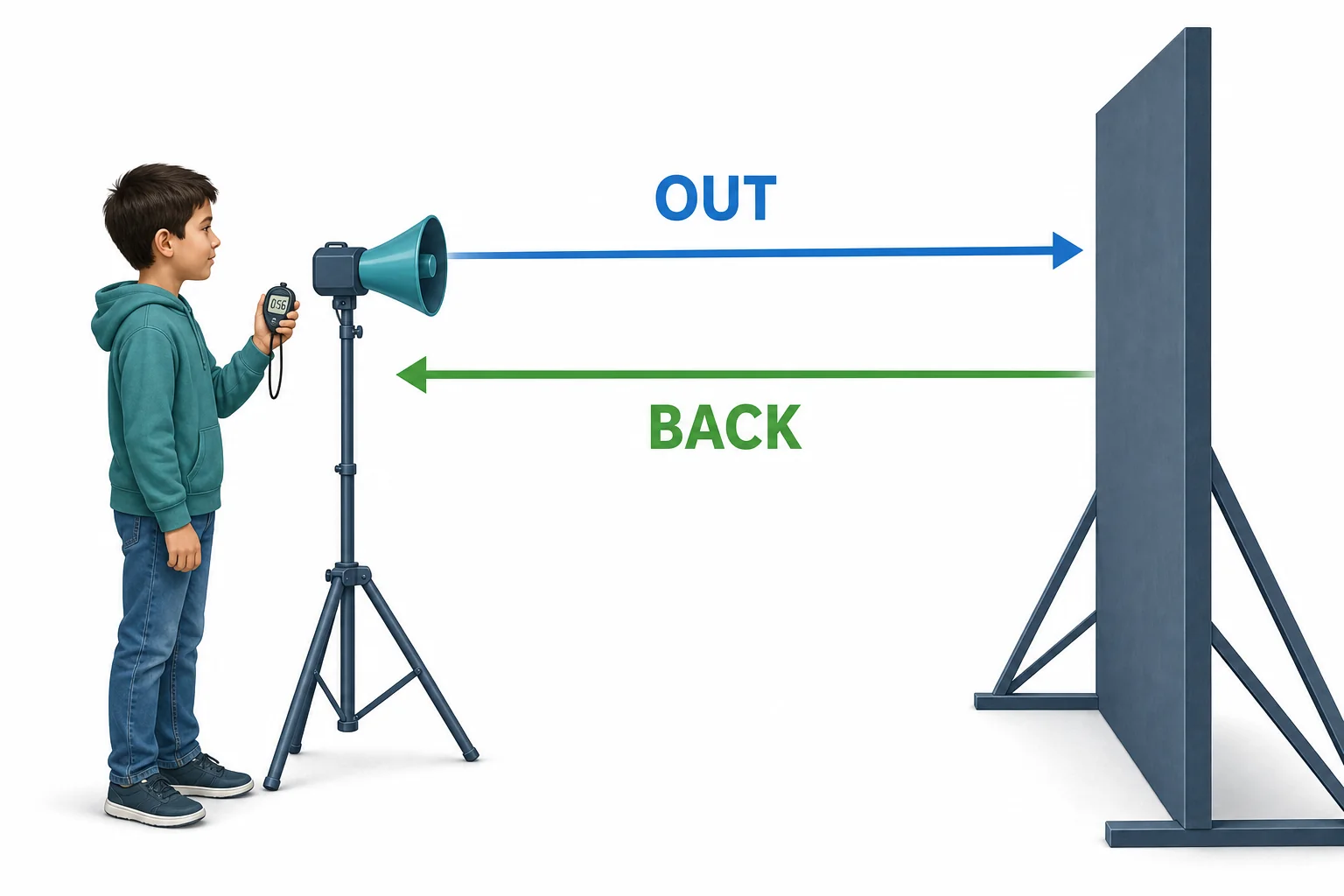 A sound pulse travels from a person to a wall and back, with the round trip path marked to show how distance can be estimated.