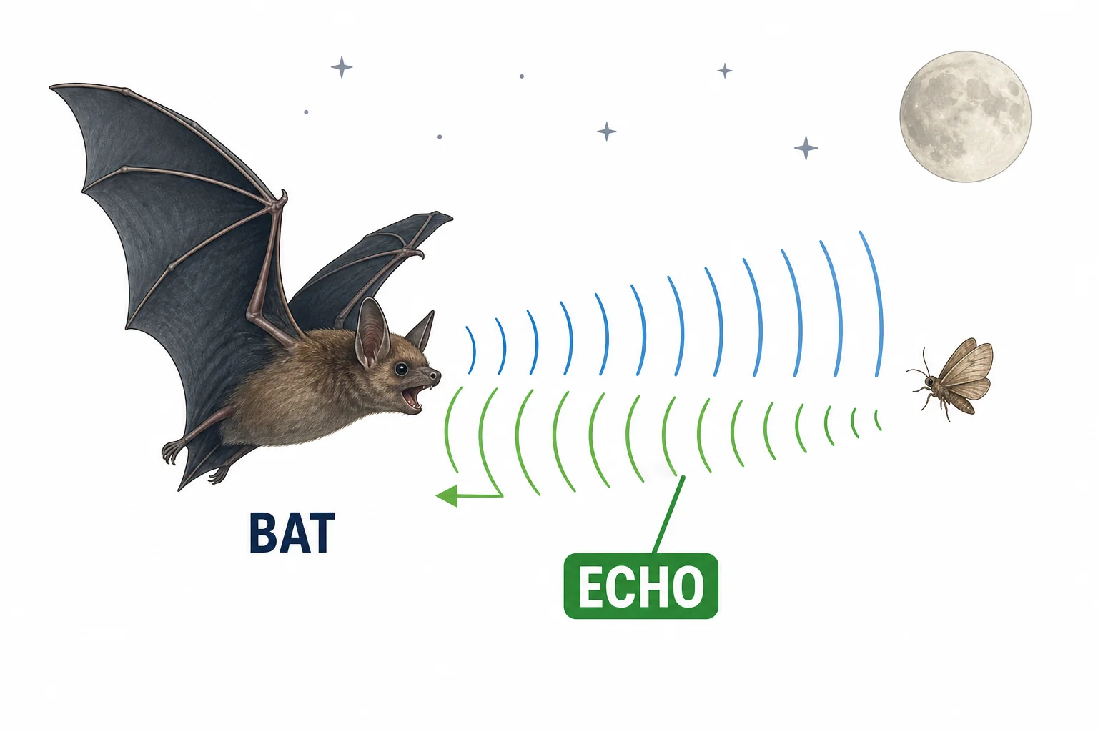A bat sends sound waves toward an insect and receives returning echoes that help locate the insect.