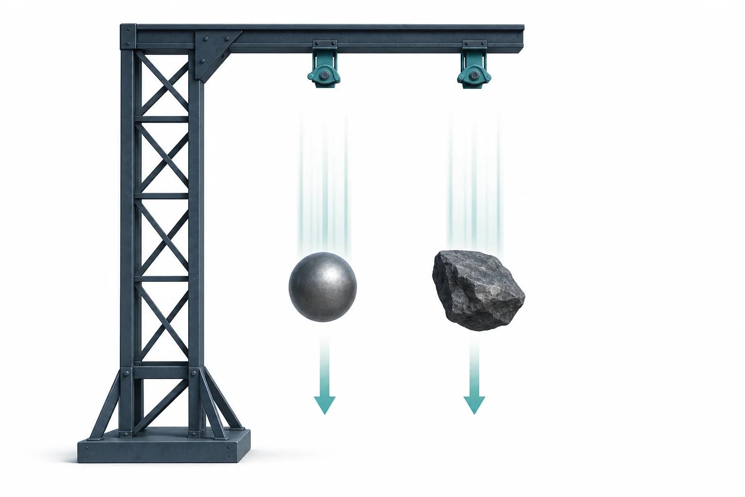 Two balls with different masses falling side by side near Earth to show that gravity gives them the same acceleration when air resistance is small.