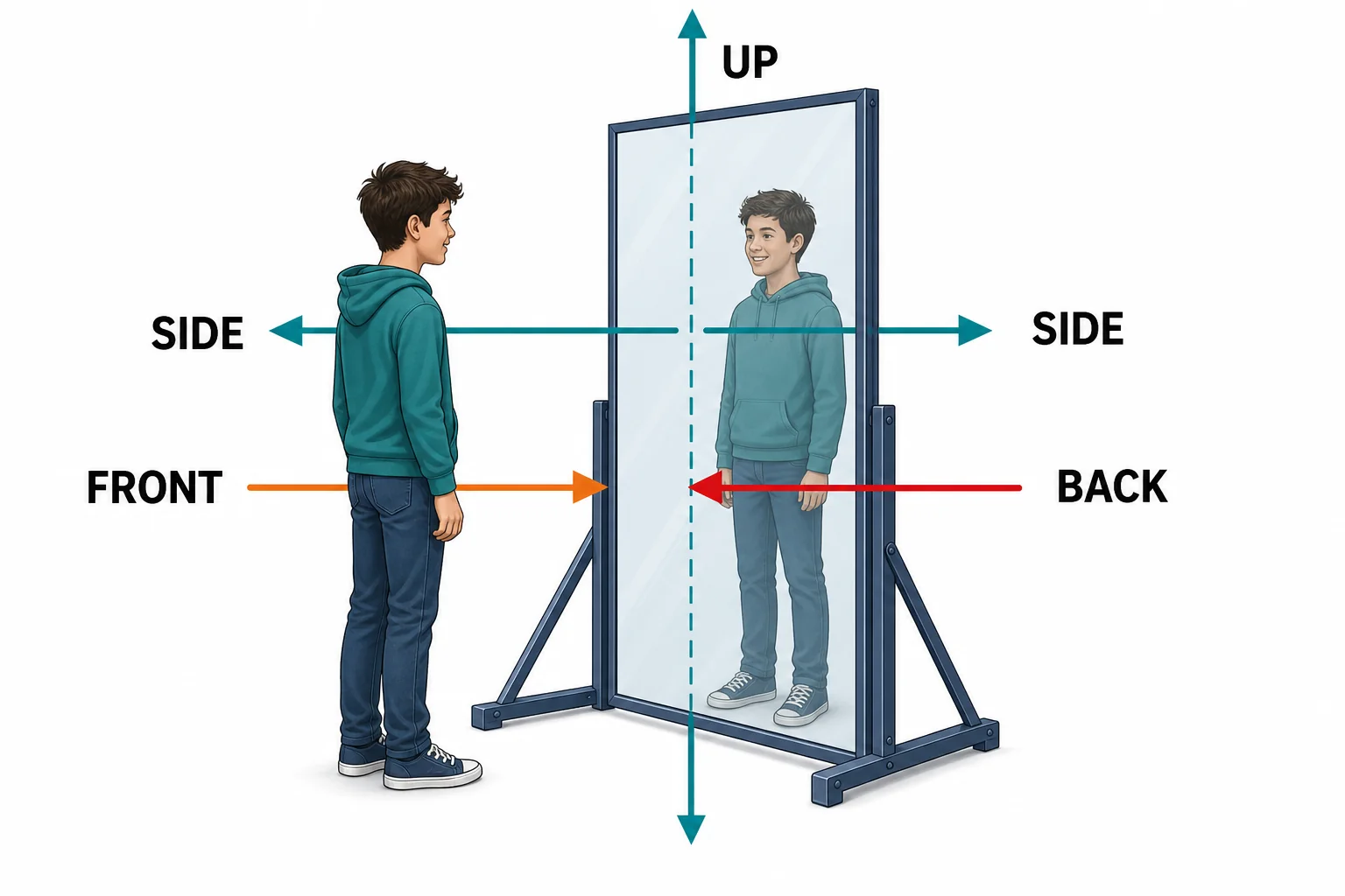 A coordinate diagram of a student and mirror showing that the front to back axis reverses across the mirror while vertical and side-to-side axes remain parallel.