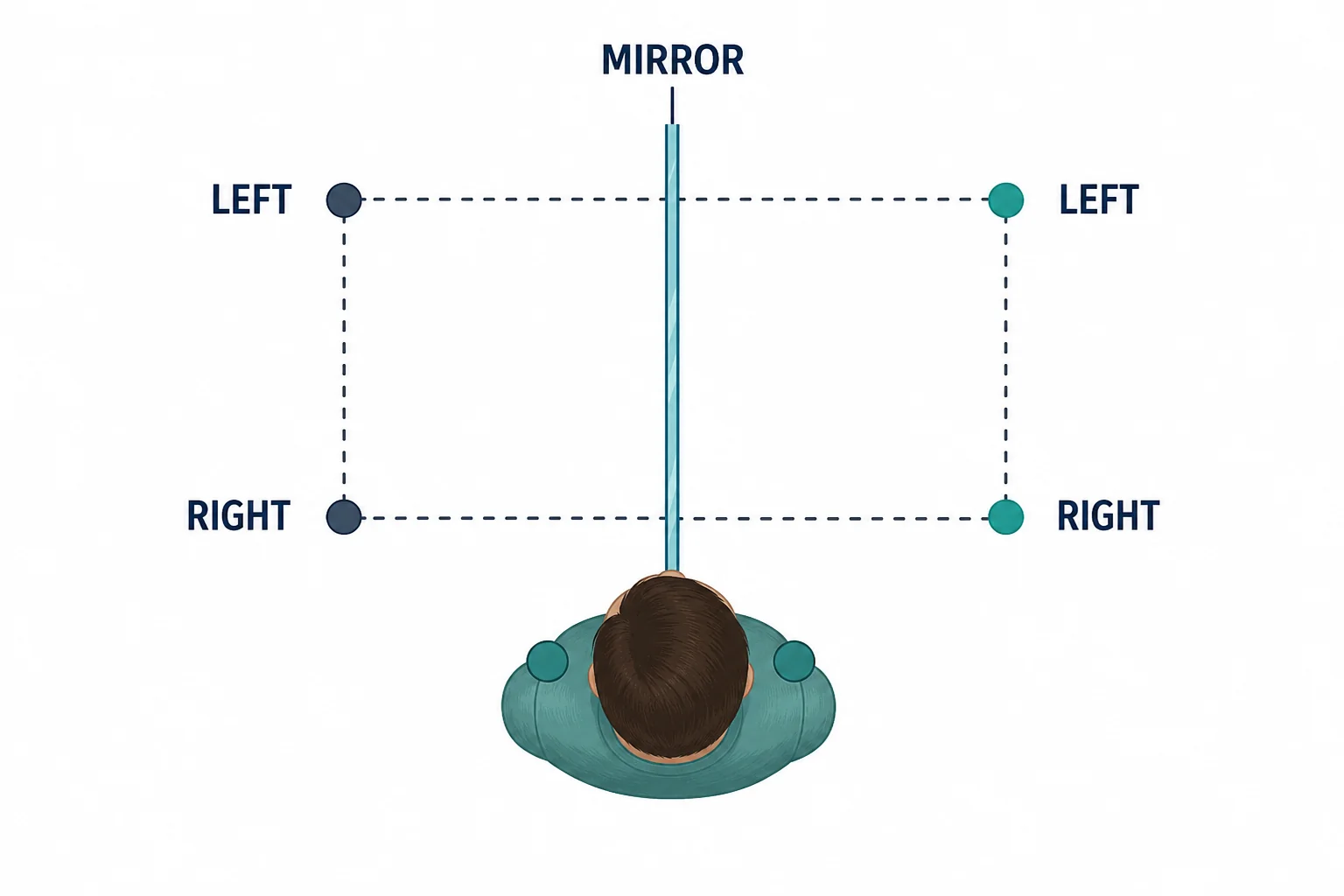 Point mapping diagram showing left and right shoulder points reflected straight back behind a flat mirror without swapping side positions.
