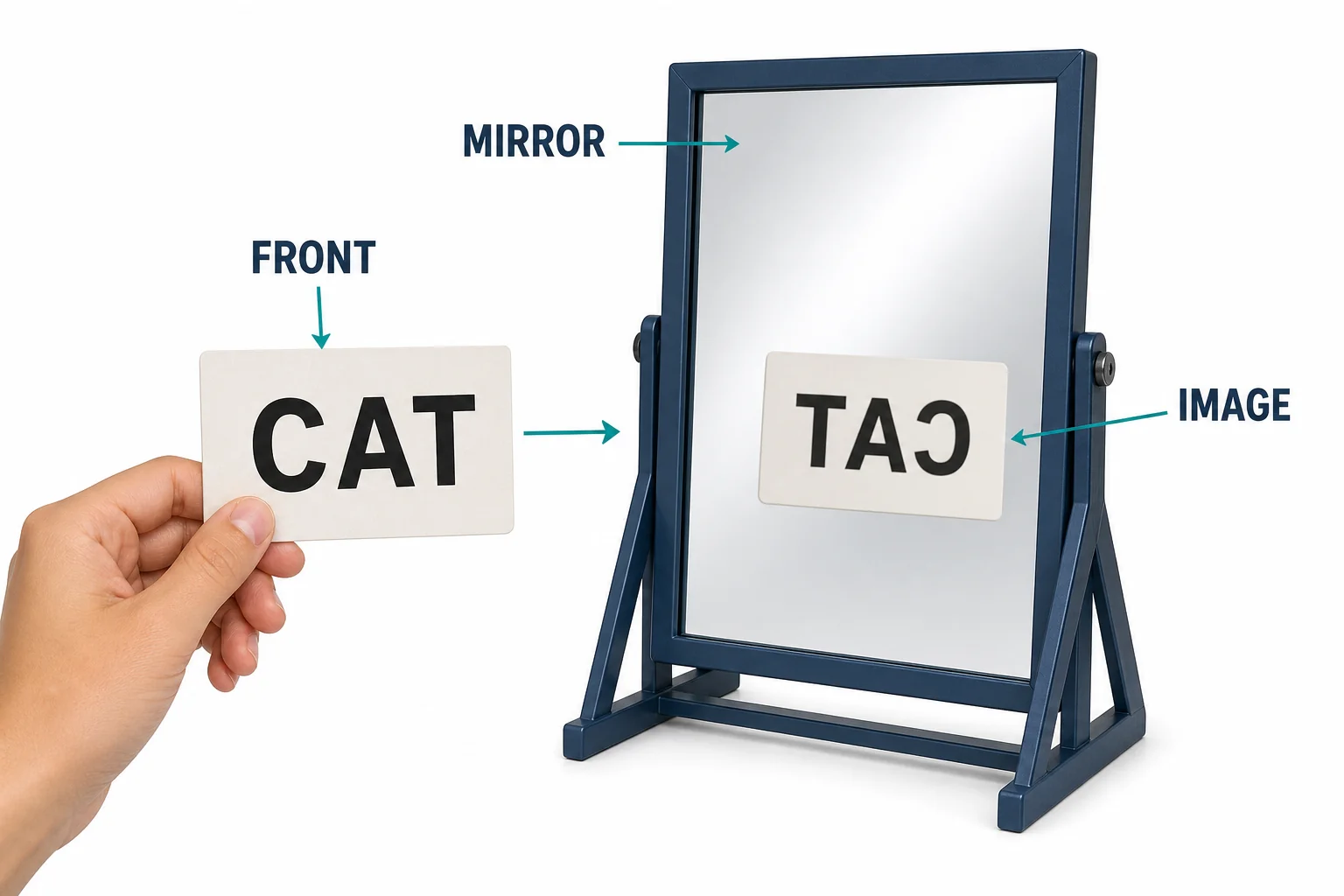 A front-facing card with a short word and its mirror image behind a plane mirror, showing that the front face of the card becomes the far face in the reflection.
