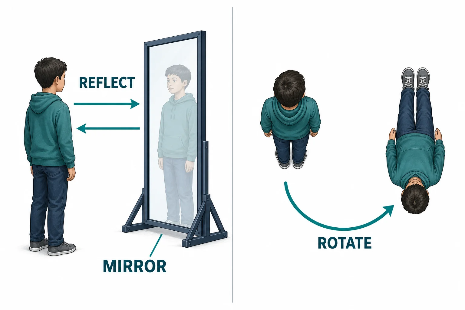 Comparison of a mirror reflection and a person physically rotated 180 degrees, showing that reflection and rotation are different transformations.