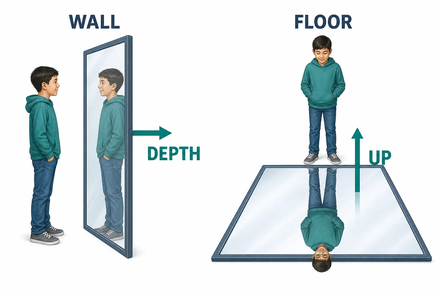 Two mirror setups comparing a wall mirror and a floor mirror, showing that the reversed direction is always perpendicular to the mirror surface.