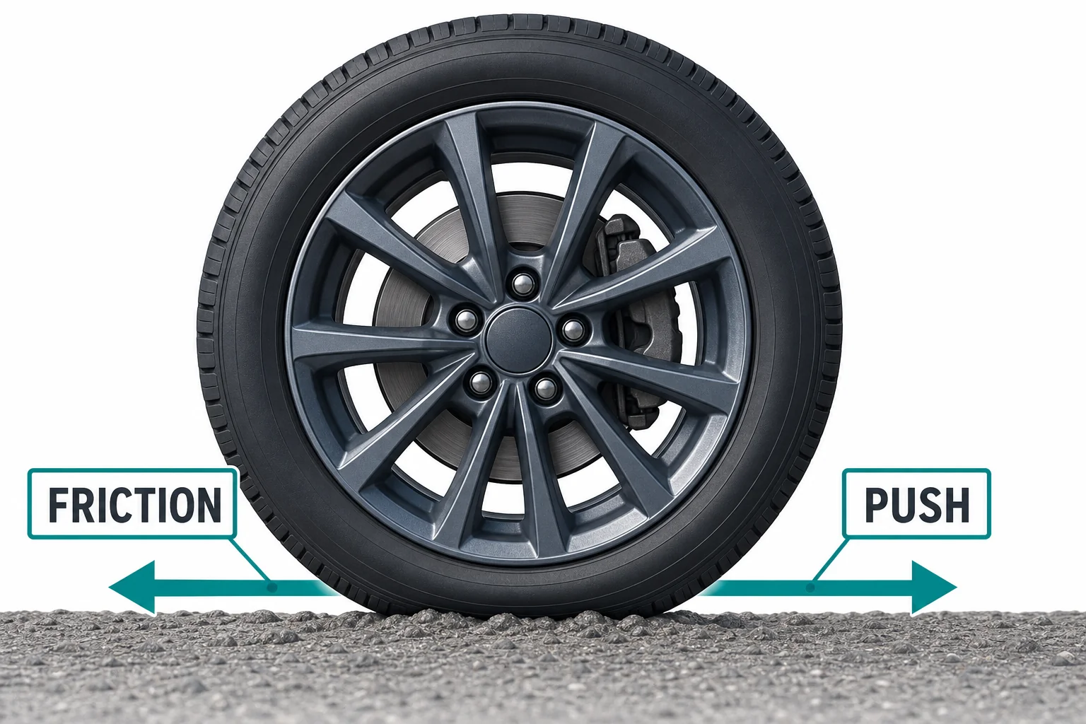 A tire touching dry pavement with arrows showing the tire push and the friction force from the road.