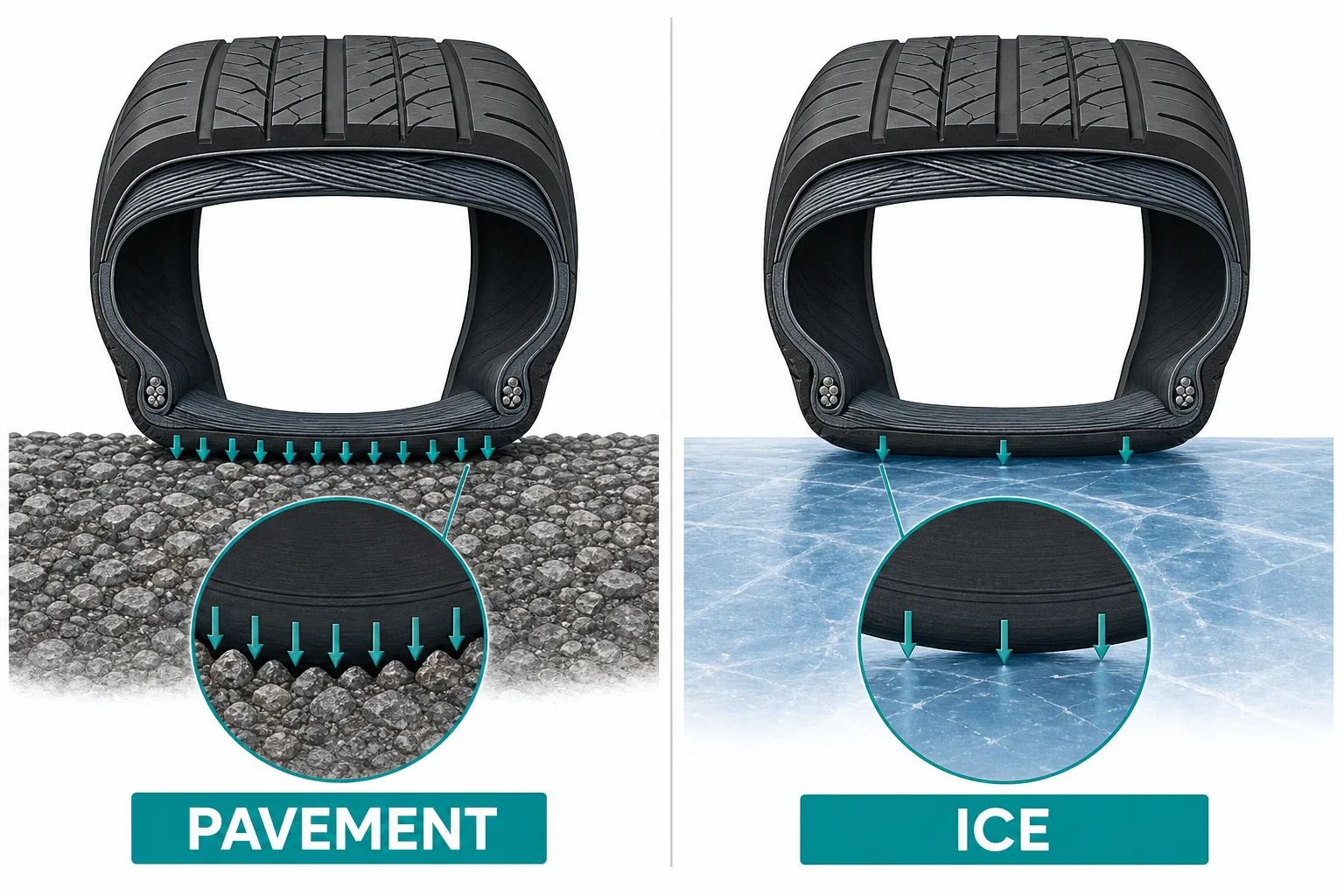 A comparison of rough pavement and smooth ice under a tire showing more contact points on pavement and fewer on ice.