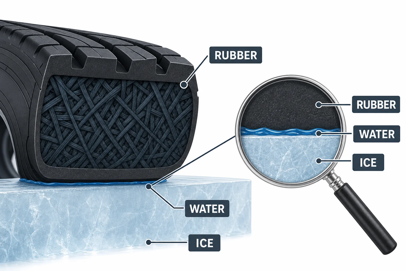 A close-up of rubber above ice with a thin blue water layer between them.