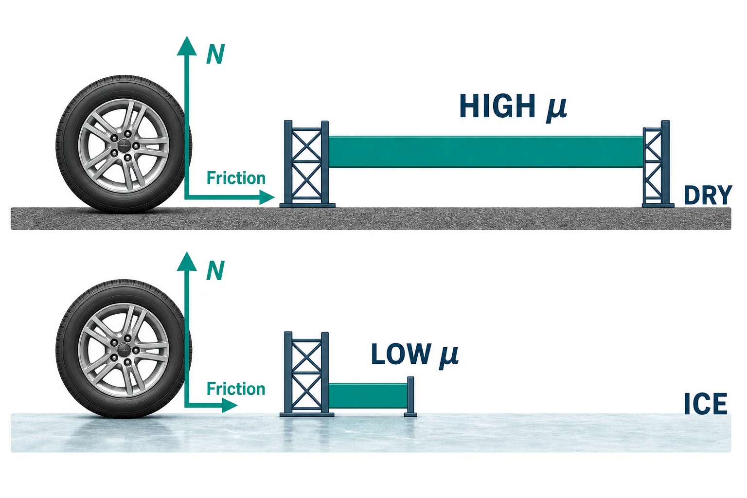 A simple bar comparison showing high grip for dry pavement and low grip for ice, with a tire beside each bar.