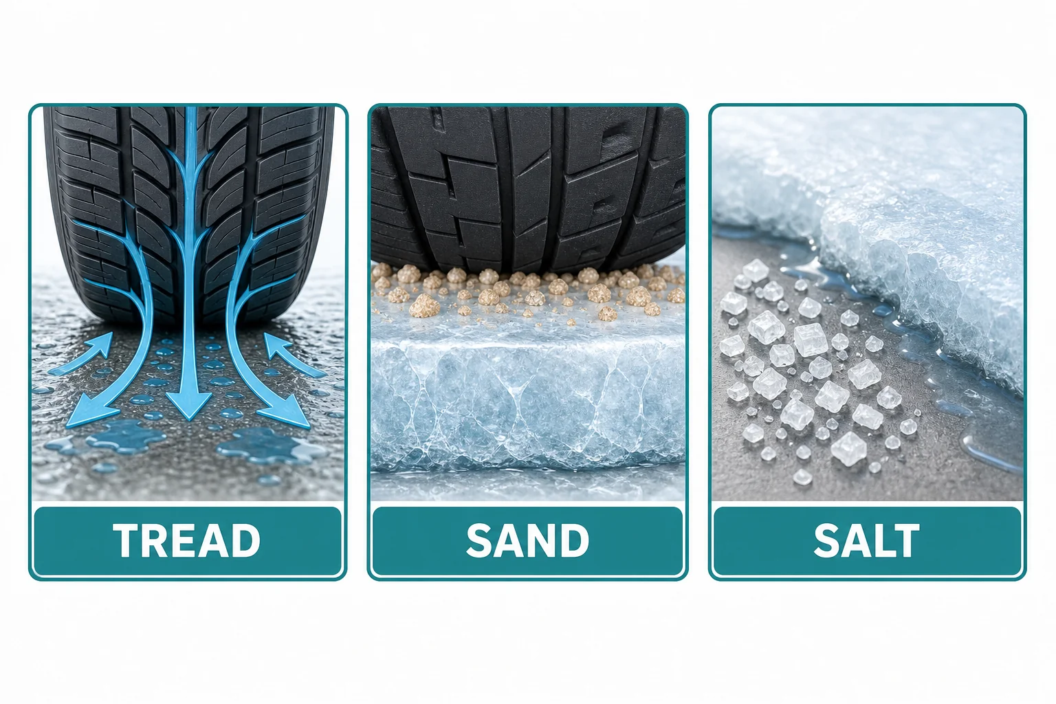 Three ways to improve traction on ice showing tire tread, sand grains, and salt melting ice.