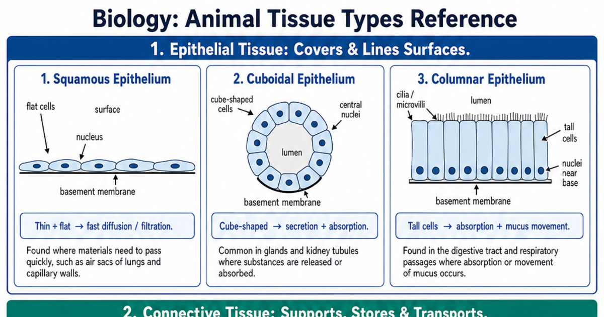 Animal Tissue Types Reference Cheat Sheet | LivePhysics™
