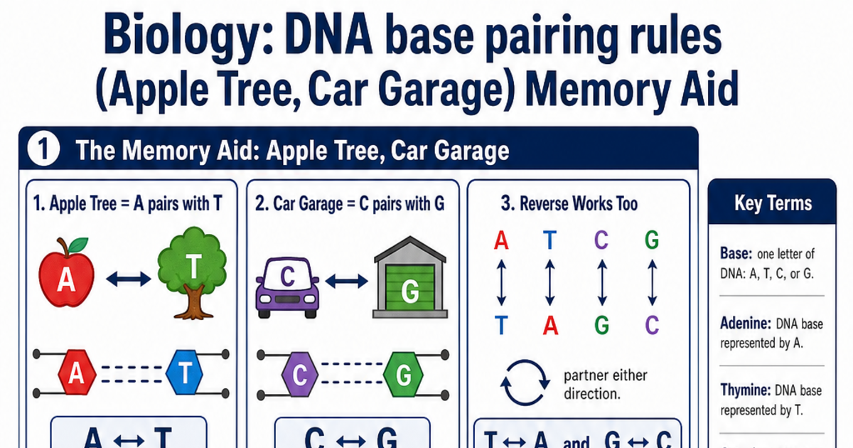DNA base pairing rules (Apple Tree, Car Garage) Memory Aid Cheat Sheet ...
