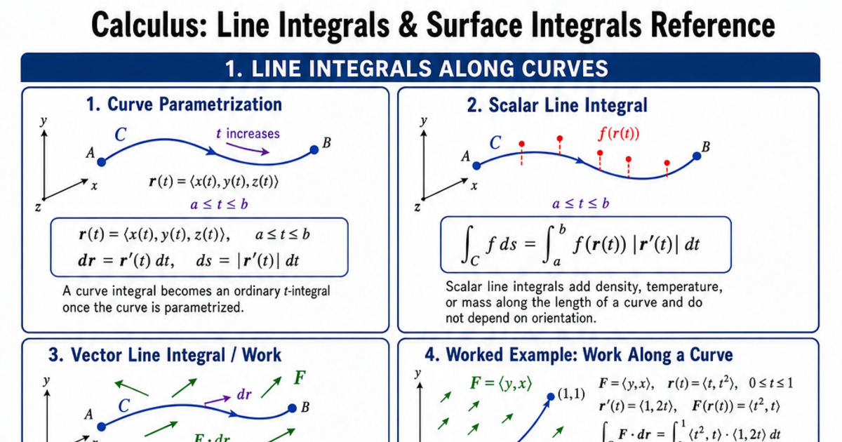 Close Line Integral Line Integrals & Surface Integrals Reference Cheat Sheet | LivePhysics™