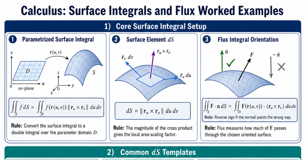 Surface Integrals and Flux Worked Examples Cheat Sheet | LivePhysics™