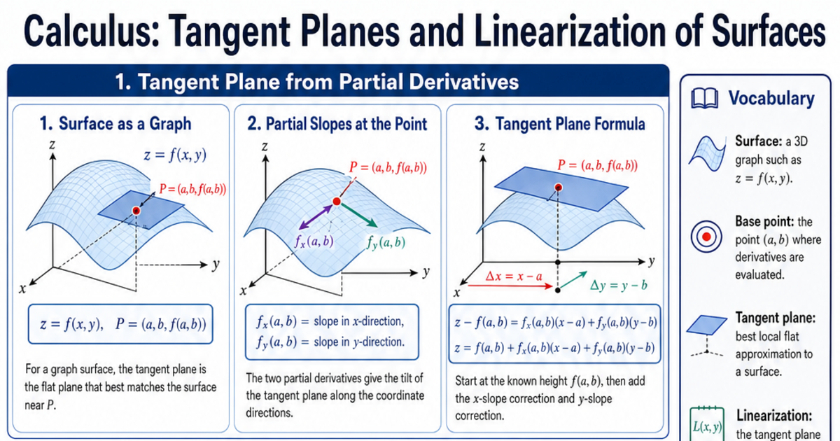 Linearization Calculus Vector Tangent Planes and Linearization of Surfaces Cheat Sheet | LivePhysics™