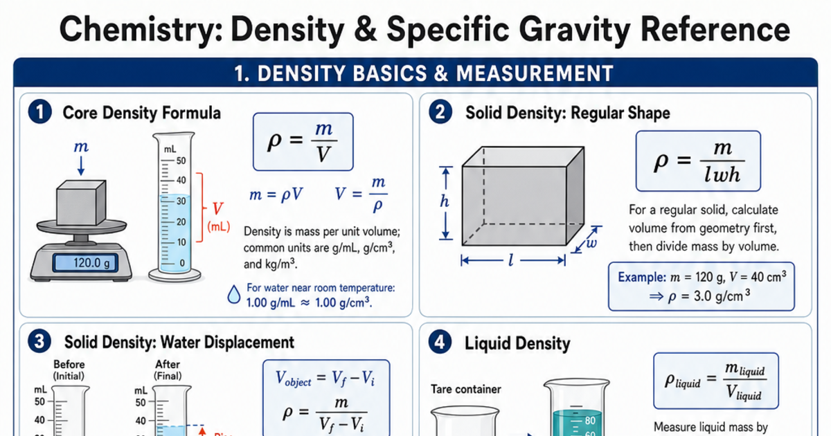 Density Reference Standard Density & Specific Gravity Reference Cheat Sheet | LivePhysics™