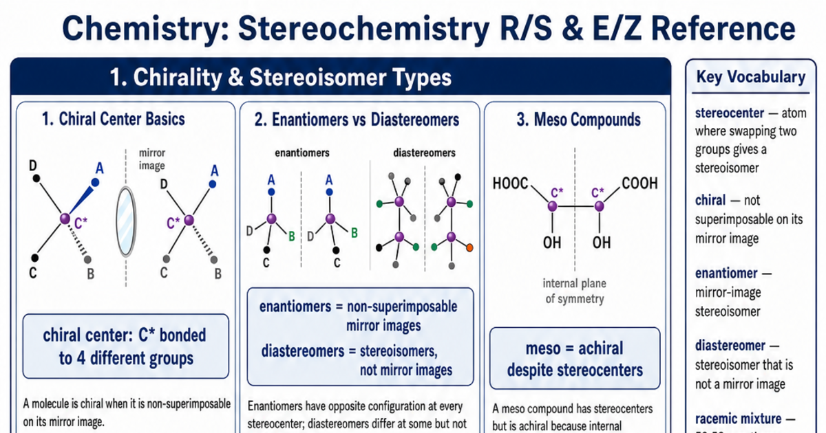 Stereochemistry R/S & E/Z Reference Cheat Sheet | LivePhysics™