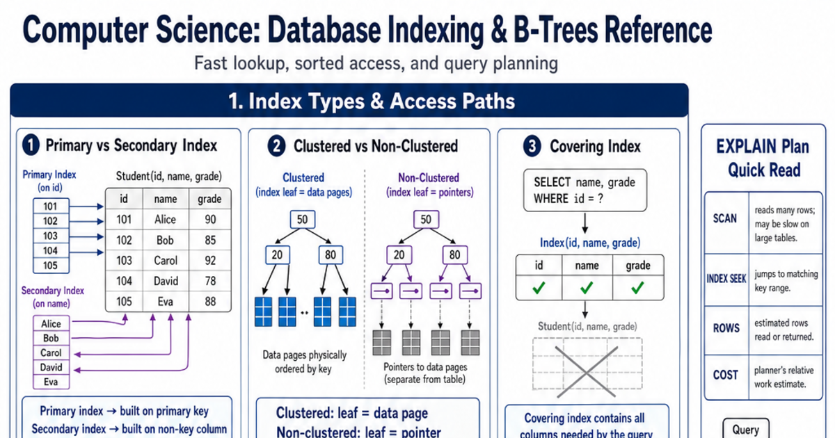 Database Indexing & B-Trees Reference Cheat Sheet | LivePhysics™