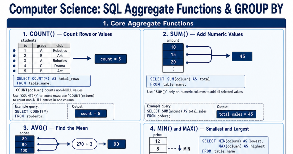 SQL Aggregate Functions & GROUP BY Cheat Sheet | LivePhysics™
