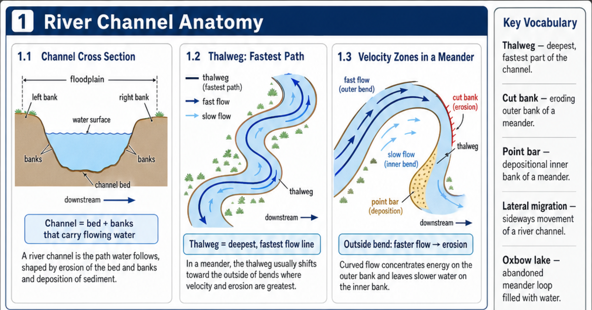 River Channel Features and Meander Dynamics Cheat Sheet | LivePhysics™