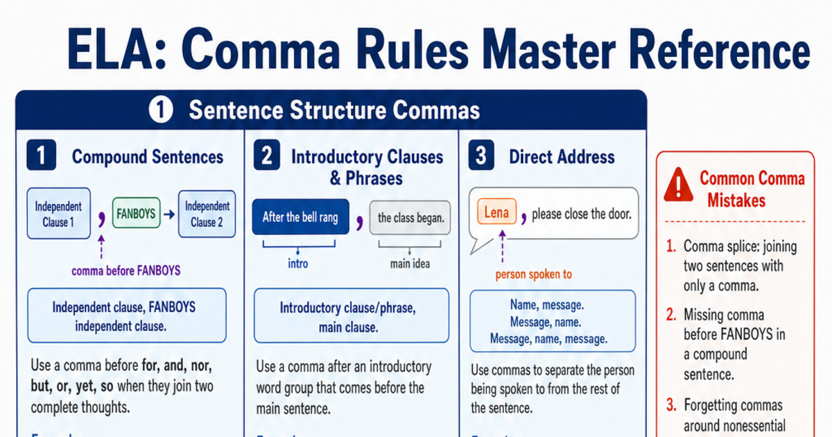 Comma Rules Master Reference Cheat Sheet | LivePhysics™