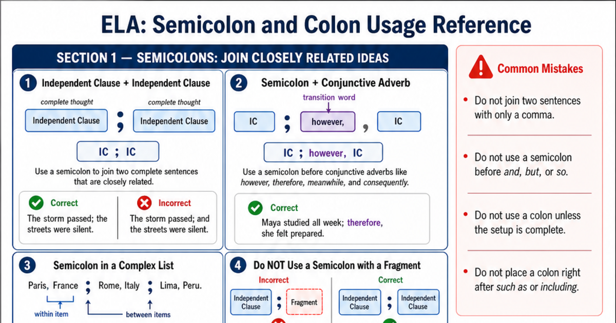Semicolon and Colon Usage Reference Cheat Sheet | LivePhysics™
