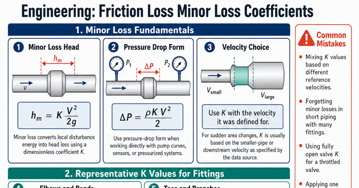 Friction Loss Minor Loss Coefficients Cheat Sheet | LivePhysics™