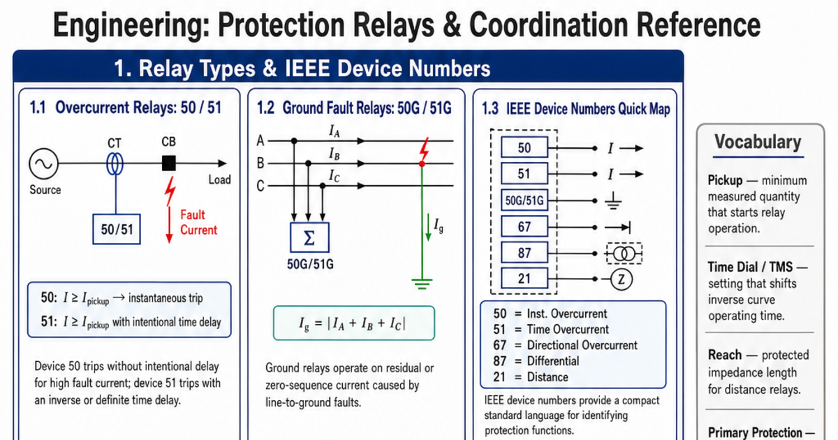 Protection Relays & Coordination Reference Cheat Sheet | LivePhysics™