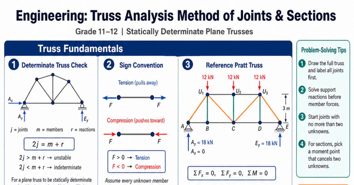 Truss Analysis Method of Joints & Sections Cheat Sheet | LivePhysics™