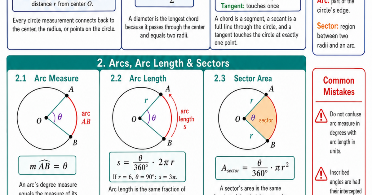 Circle Properties & Arc Measures Cheat Sheet | LivePhysics™
