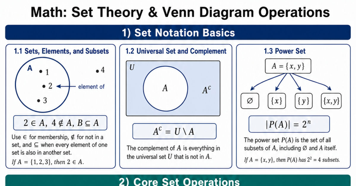 Set Theory & Venn Diagram Operations Cheat Sheet | LivePhysics™