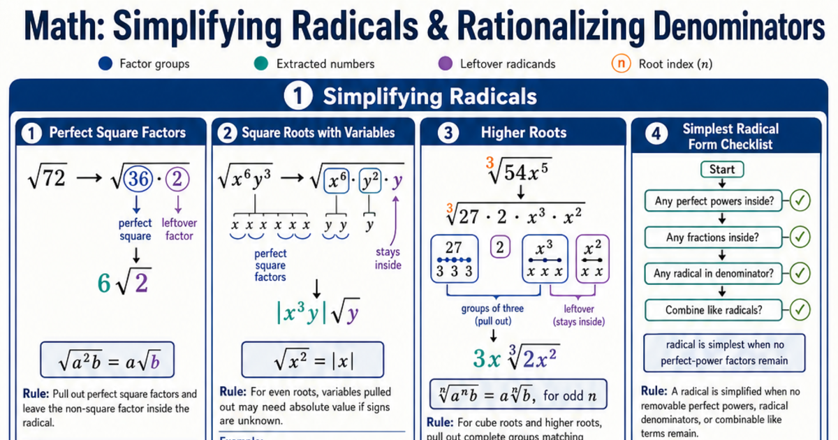 Simplifying Radicals & Rationalizing Denominators Cheat Sheet ...