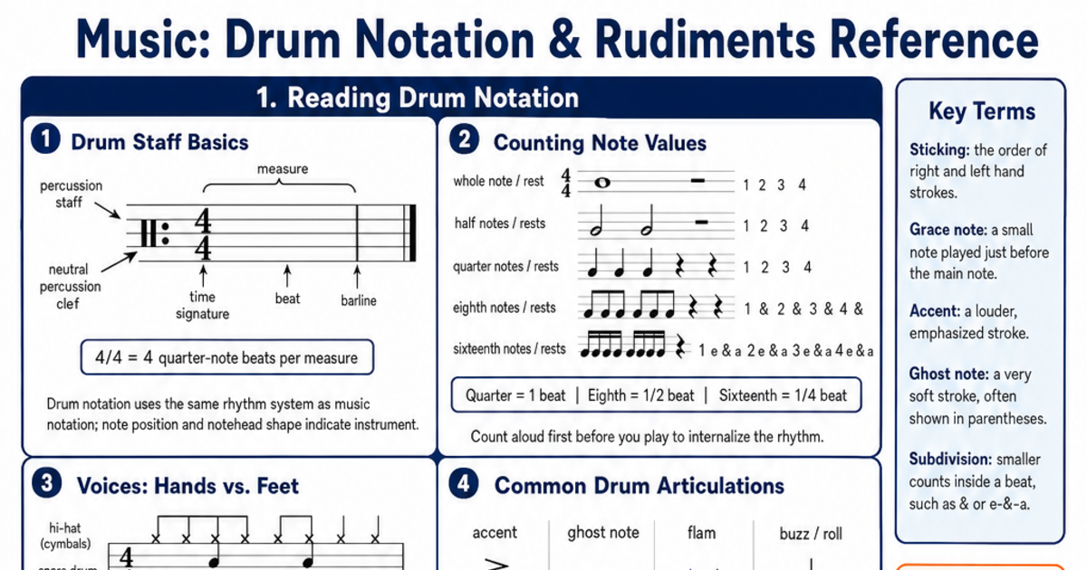 Drum Notation & Rudiments Reference Cheat Sheet | LivePhysics™