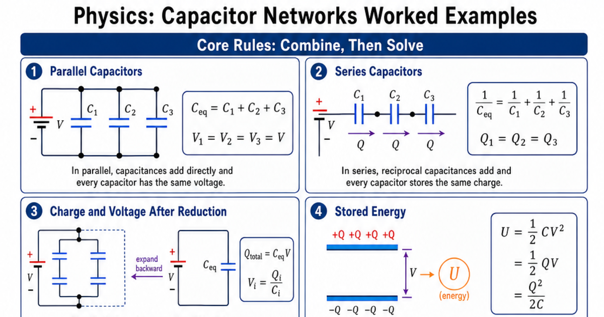 Capacitor Networks Worked Examples Cheat Sheet | LivePhysics™