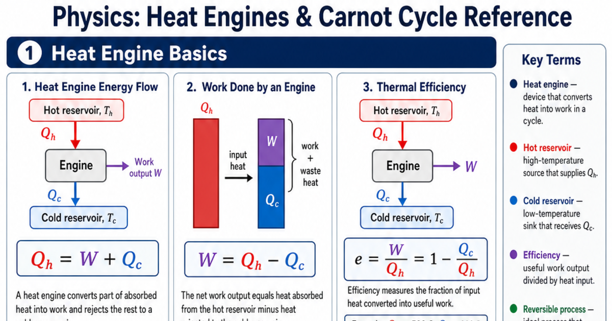 Heat Engines & Carnot Cycle Reference Cheat Sheet | LivePhysics™