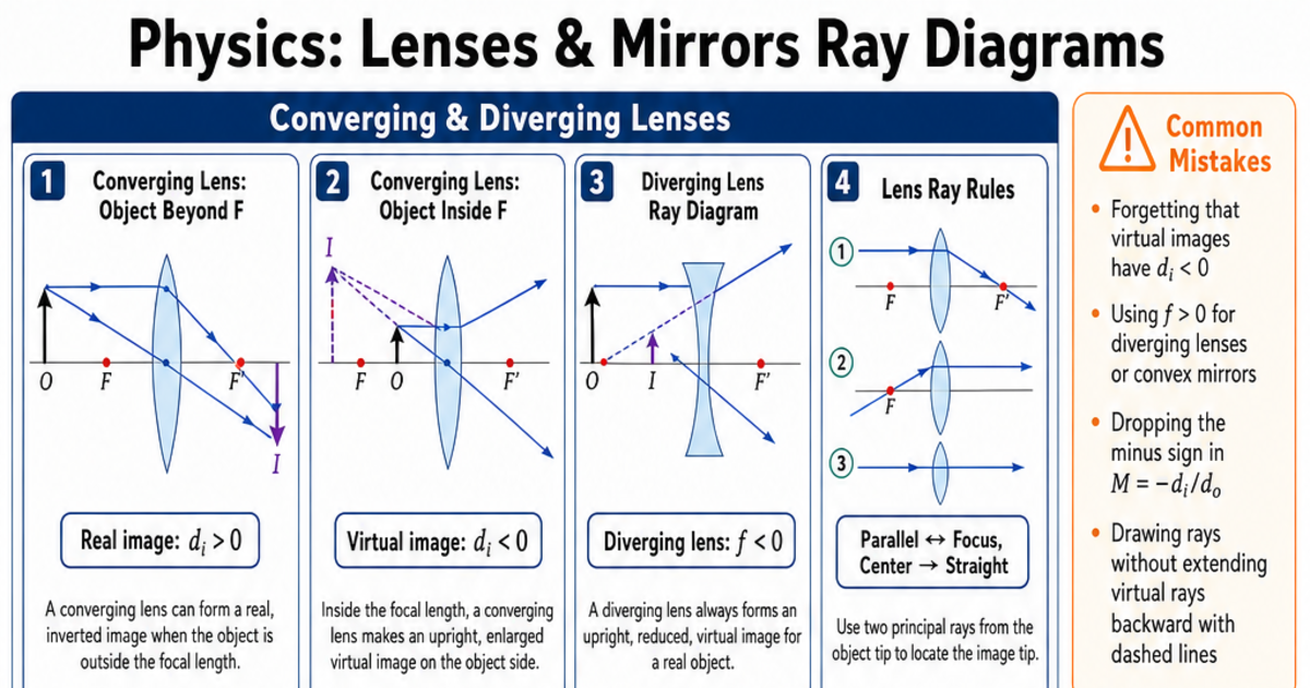 Lenses & Mirrors Ray Diagrams Cheat Sheet | LivePhysics™