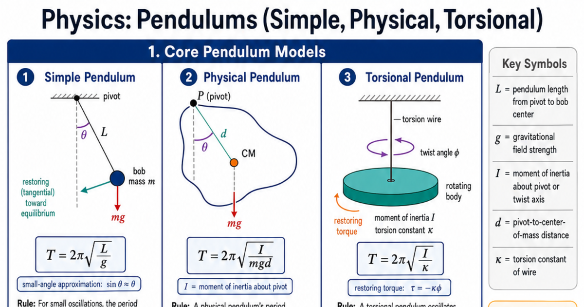Pendulums (Simple, Physical, Torsional) Cheat Sheet | LivePhysics™