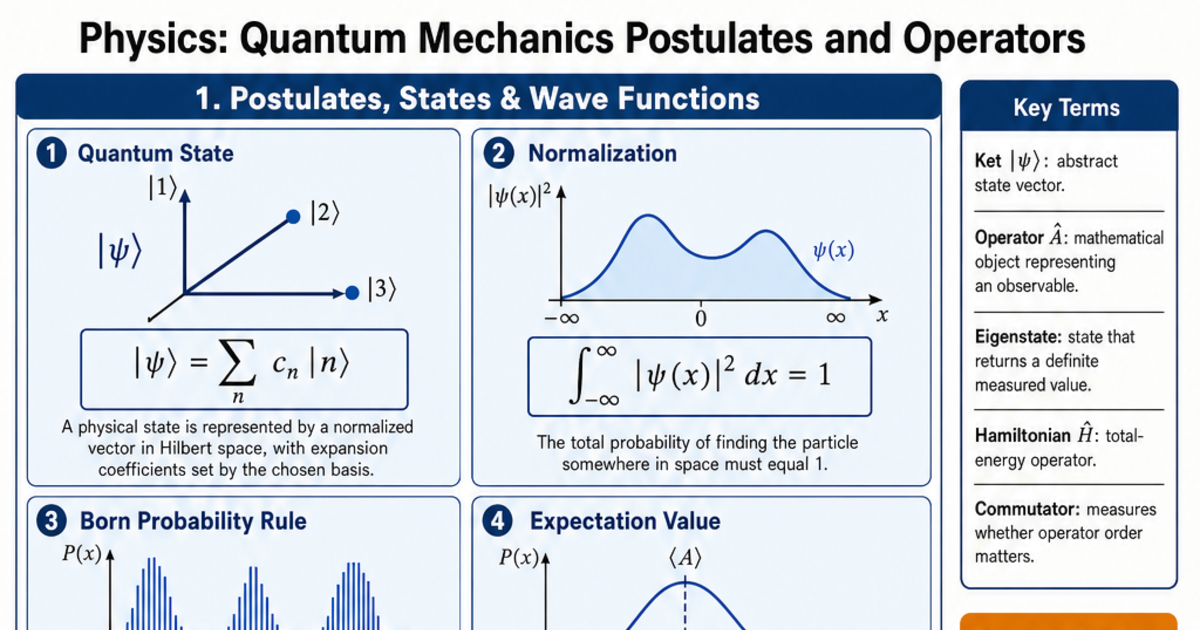 Quantum Mechanics Postulates and Operators Cheat Sheet | LivePhysics™
