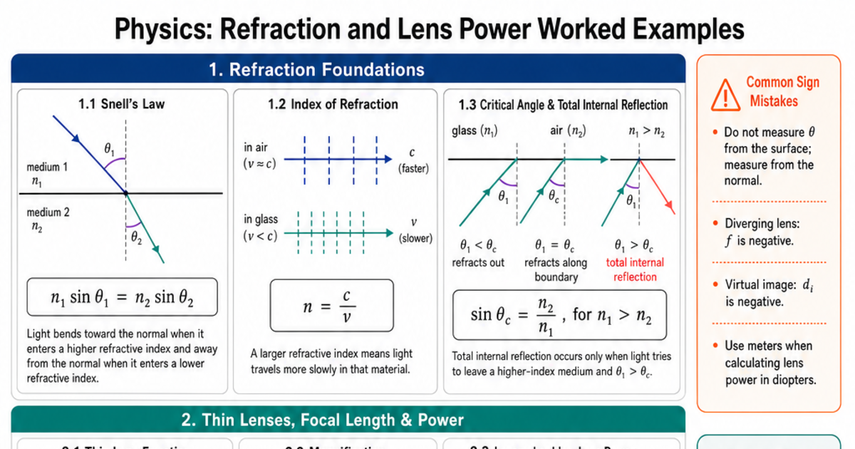 Referaction Examples Refraction and Lens Power Worked Examples Cheat Sheet | LivePhysics™