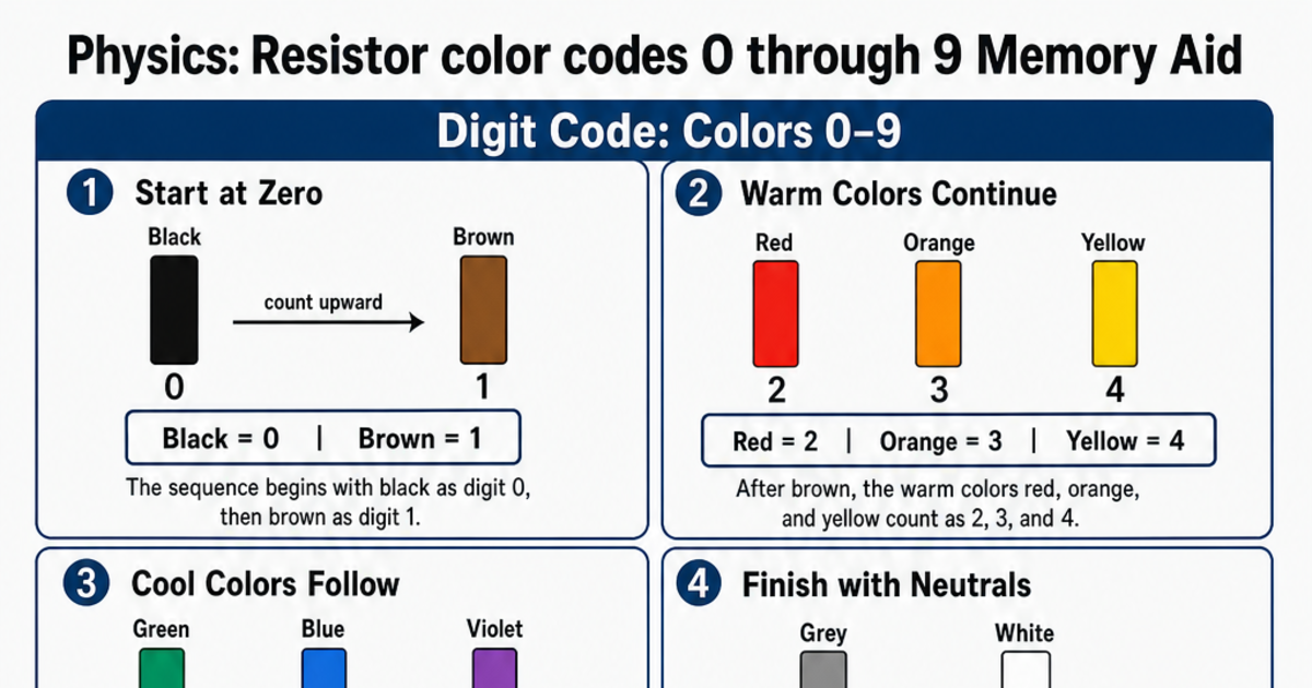 Chat Code Ressitor Resistor color codes 0 through 9 Memory Aid Cheat Sheet | LivePhysics™