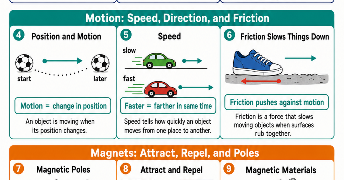 Forces Motion and Magnets for Young Scientists Cheat Sheet | LivePhysics™
