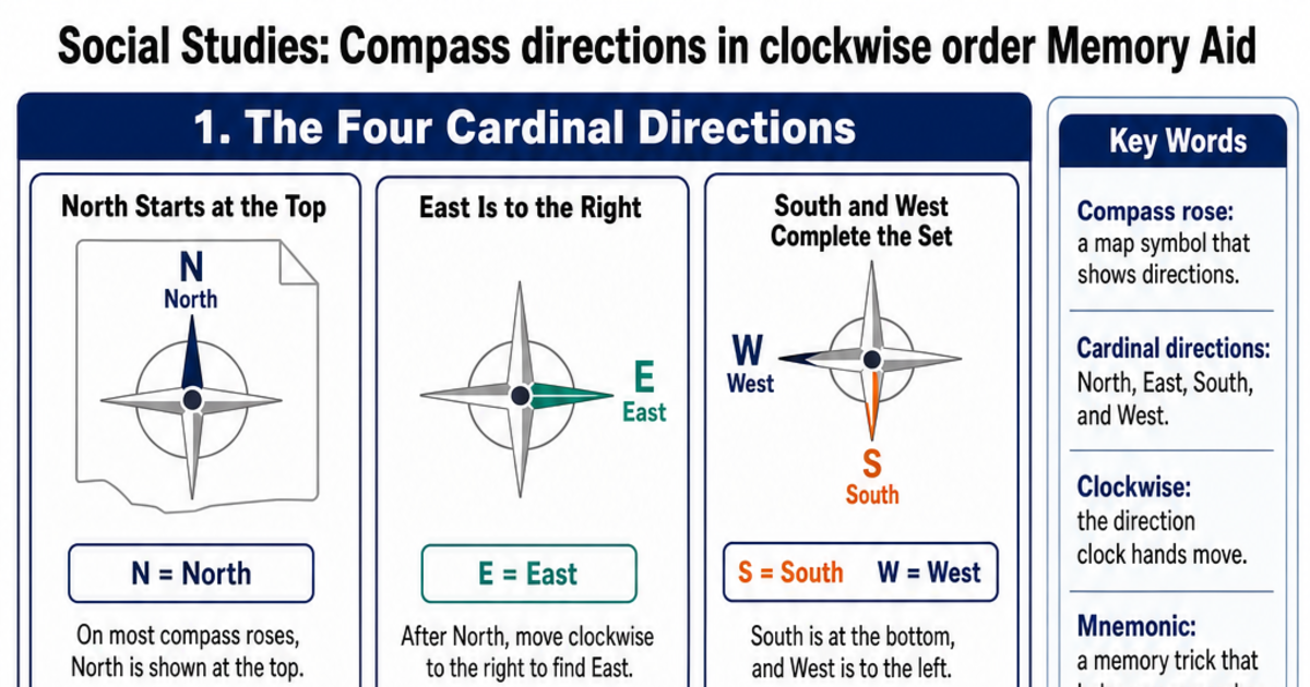 Clockwise Linley Compass directions in clockwise order Memory Aid Cheat Sheet | LivePhysics™