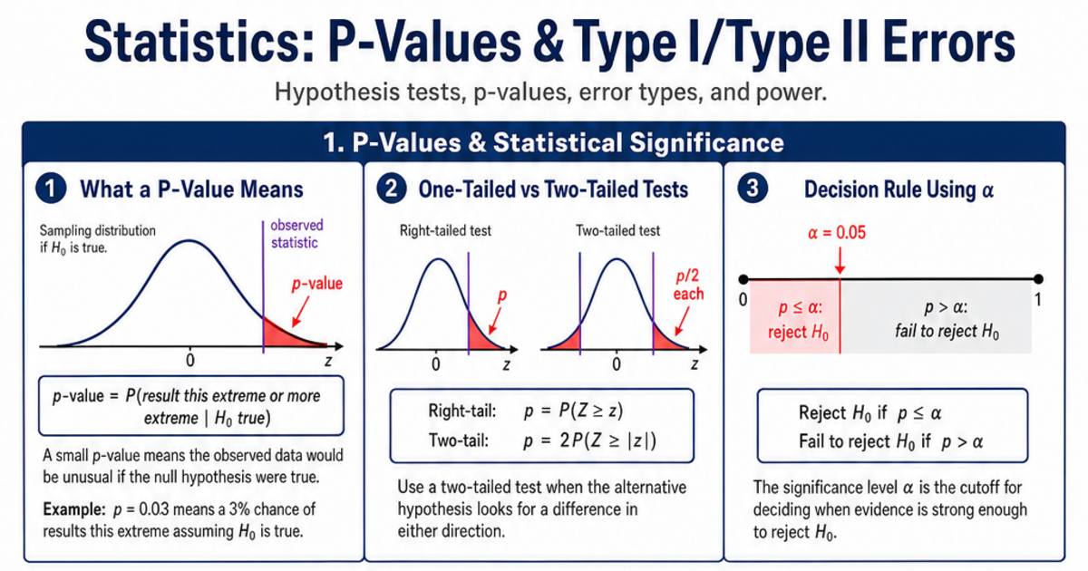 P-Values & Type I/Type II Errors Cheat Sheet | LivePhysics™