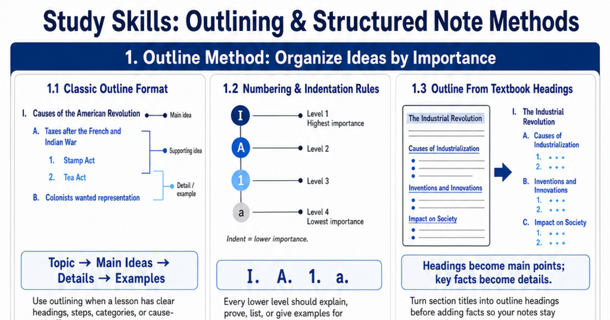Outlining & Structured Note Methods Cheat Sheet | LivePhysics™