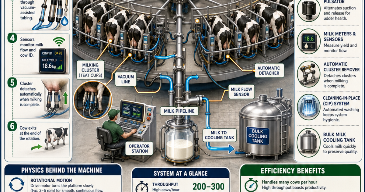Agricultural Machines: Rotary Milking Parlors Infographic | LivePhysics™