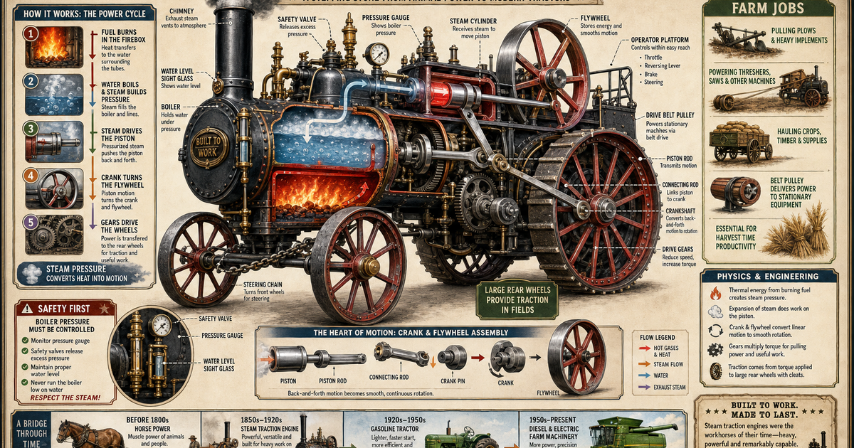 Agricultural Machines: The Steam Traction Engine Infographic | LivePhysics™
