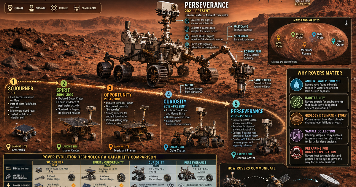 Perseverance Rovers Rise Mars Rovers, Sojourner to Perseverance Infographic | LivePhysics™