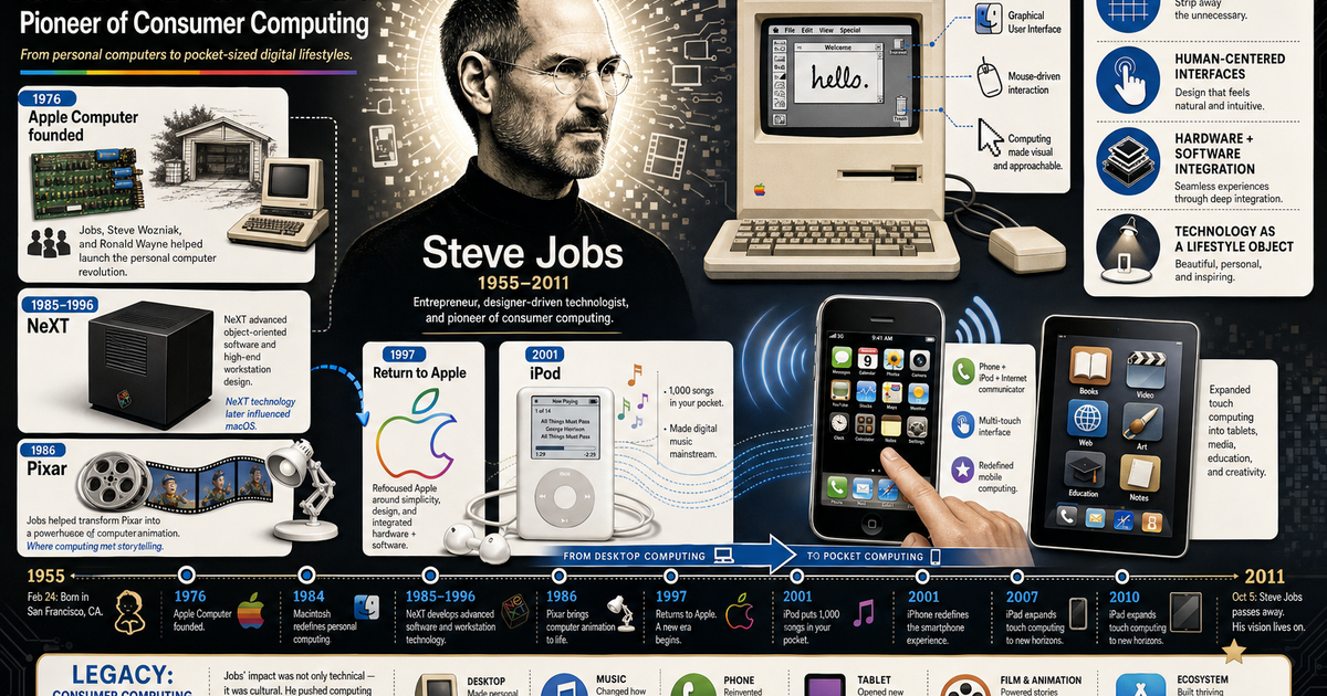 Steve Cockerill Computing Steve Jobs: Pioneer of Consumer Computing Infographic | LivePhysics™