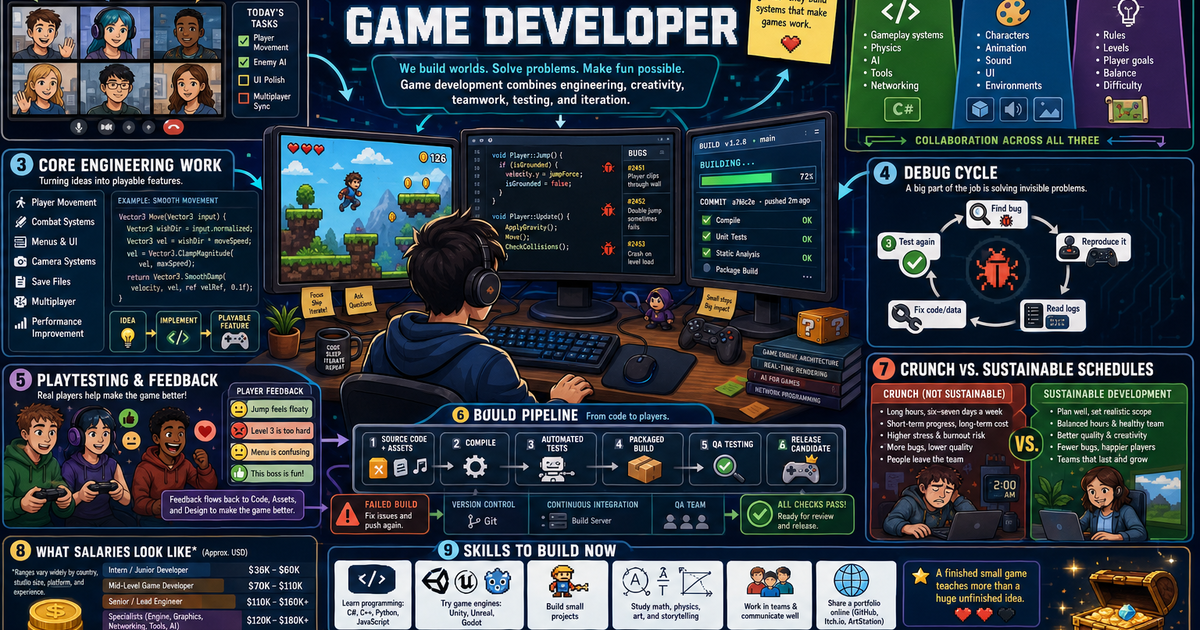 Sea Game Developer A Day in the Life of a Game Developer Infographic | LivePhysics™
