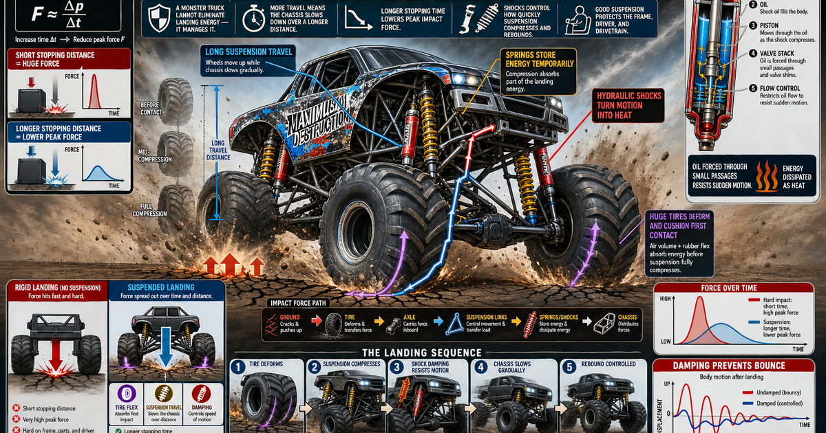 Monster Truck Landing and Absorbing Impact Infographic | LivePhysics™